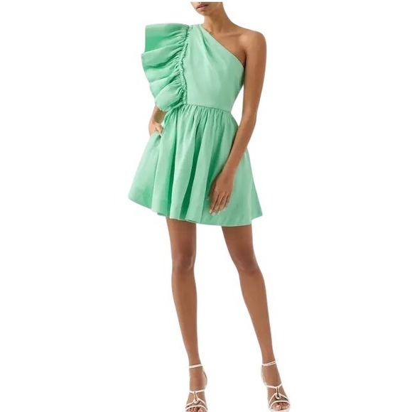 Aje Marine Green Bonjour Asymmetric Shoulder-Frill Mini Dress